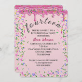 14誕生日ピンク色のアイシングと散水 招待状 (正面/裏面)