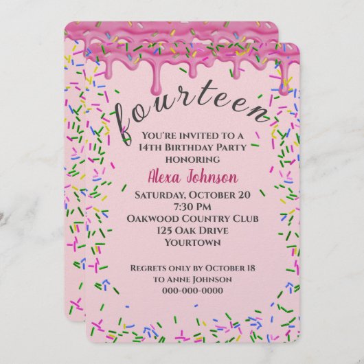 14誕生日ピンク色のアイシングと散水 招待状 (正面/裏面)
