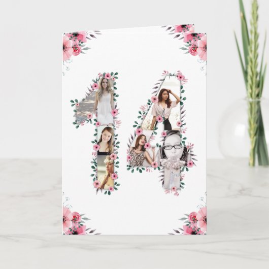 14誕生日フォトコラージガールピンク花白 カード (正面)