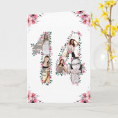 14誕生日フォトコラージガールピンク花白 カード (黄色い花)