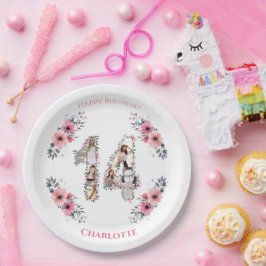 14誕生日フォトコラージガールピンク花白 ペーパープレート