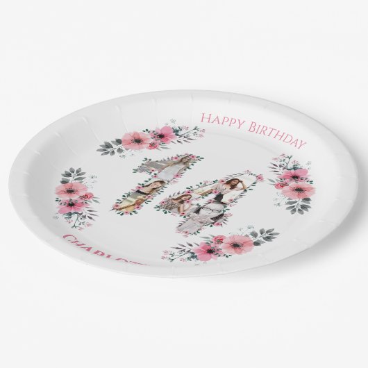 14誕生日フォトコラージガールピンク花白 ペーパープレート (アングル)