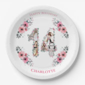 14誕生日フォトコラージガールピンク花白 ペーパープレート (正面)