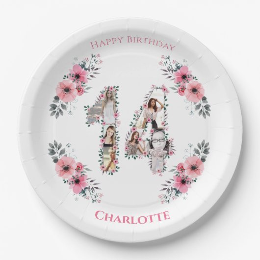14誕生日フォトコラージガールピンク花白 ペーパープレート (正面)
