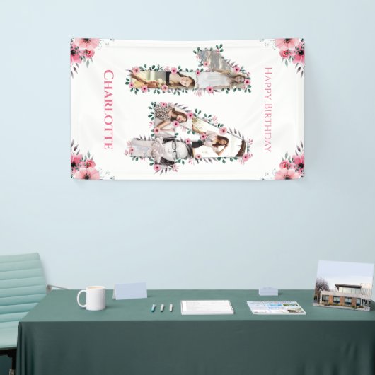 14誕生日フォトコラージピンクフラワーガールホワイト 横断幕 (トレードショー)