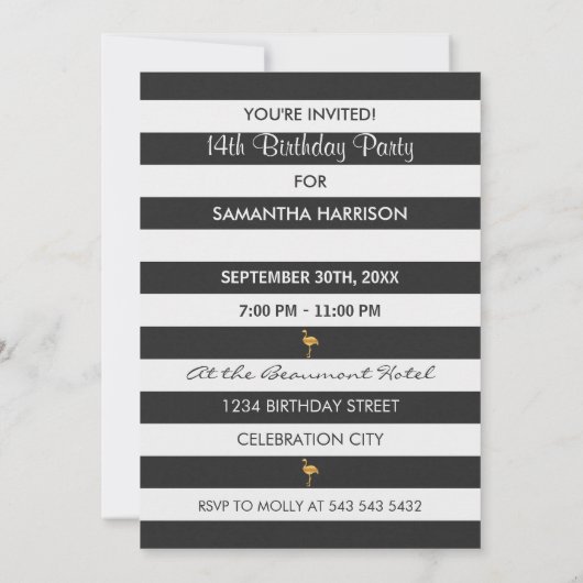 14誕生日金ゴールドフラミンゴ白黒ストライプ 招待状 (裏面)