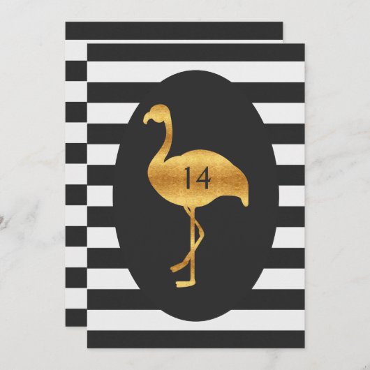 14誕生日金ゴールドフラミンゴ白黒ストライプ 招待状 (正面/裏面)