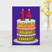 14誕生日:おもしろいケーキとキャンドル+名前をカスタムする カード (黄色い花)