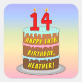 14誕生日:おもしろいケーキとキャンドル+名前をカスタムする スクエアシール (正面)