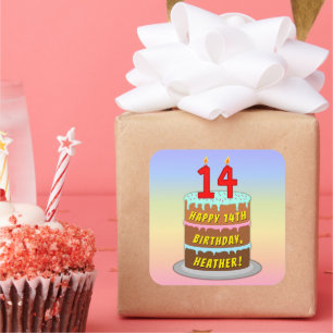14誕生日:おもしろいケーキとキャンドル+名前をカスタムする スクエアシール
