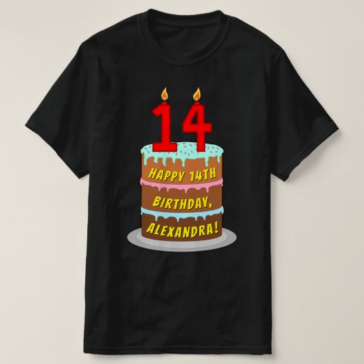 14誕生日—おもしろいケーキ&キャンドル、名前をカスタムする付き Tシャツ (デザイン正面)