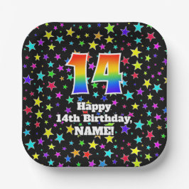 14誕生日:おもしろいスター柄と虹"14" ペーパープレート