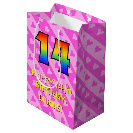 14誕生日:おもしろいピンクハートストライプ、レインボー14 ミディアムペーパーバッグ (裏面アングル)