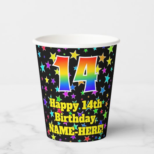 14誕生日:おもしろい星パターンと虹14 紙コップ (正面)