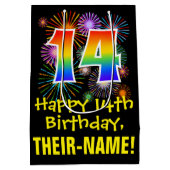 14誕生日:おもしろい花火パターン+虹14 ミディアムペーパーバッグ (裏面)