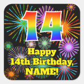 14誕生日:おもしろい花火ルック、虹# 14 スクエアシール (正面)
