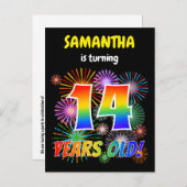 14誕生日-おもしろい花火、レインボールック"14" ポストカード (正面/裏面)