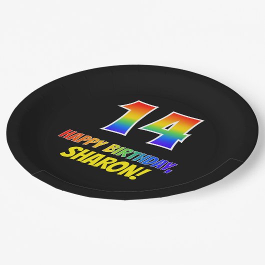 14誕生日:はっきりした,おもしろい,シンプル虹, 14 ペーパープレート (アングル)