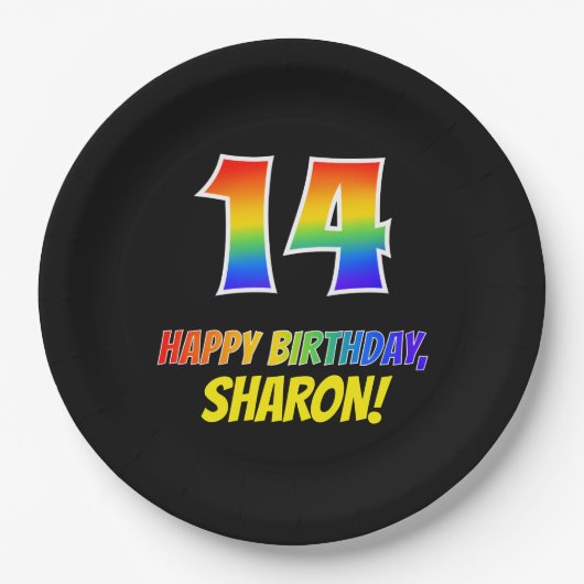 14誕生日:はっきりした,おもしろい,シンプル虹, 14 ペーパープレート (正面)