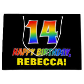 14誕生日:はっきりした,おもしろい,シンプル虹, 14 ラージペーパーバッグ (正面)