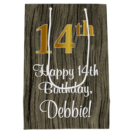 14誕生日:エレガントフェイク金ゴールドルック#,フェイク Wood ミディアムペーパーバッグ (裏面)