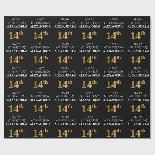 14誕生日: エレガント、黒、フェイク金ゴールド ラッピングペーパー (フラット)