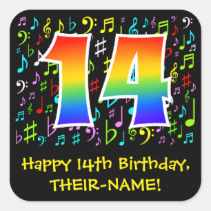 14誕生日:カラフル音楽シンボル、レインボー14 スクエアシール