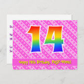 14誕生日:ピンクストライプハート、レインボー14 ポストカード (正面/裏面)