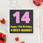 14誕生日:ピンクストライプ色のハートと14" +名前 スタンダードランチョンナプキン (インサイチュ)