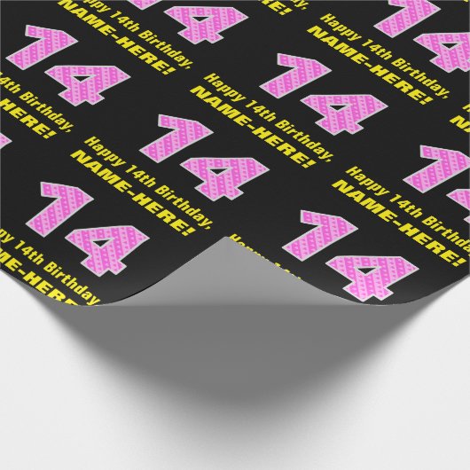 14誕生日:ピンクストライプ色のハートと14" +名前 ラッピングペーパー (角)