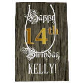 14誕生日:フェイク金ゴールドルック&ウッドフェイクパターン ミディアムペーパーバッグ (正面)