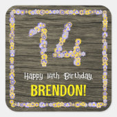 14誕生日:フローラ番号フェイク、木目、名前 スクエアシール (正面)
