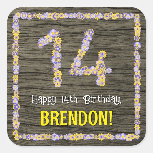 14誕生日:フローラ番号フェイク、木目、名前 スクエアシール (正面)