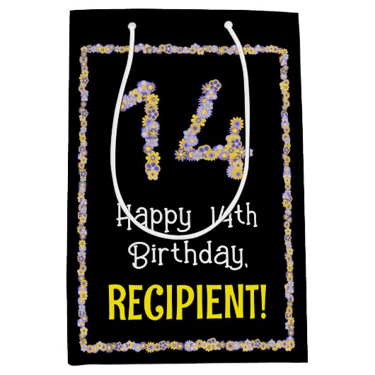 14誕生日:フローラ花数名前をカスタムする ミディアムペーパーバッグ (正面)