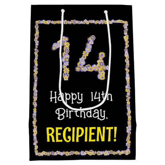 14誕生日:フローラ花数名前をカスタムする ミディアムペーパーバッグ (裏面)