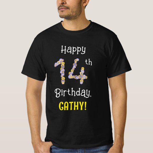 14誕生日:フローラ花数"14" +名前 Tシャツ (正面)