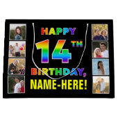 14誕生日：レインボー文字カスタム、写真&名前 ラージペーパーバッグ (正面)