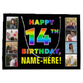 14誕生日:レインボー文字カスタム、写真&名前 ラージペーパーバッグ (裏面)
