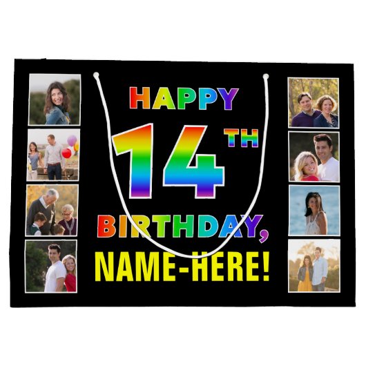 14誕生日：レインボー文字カスタム、写真&名前 ラージペーパーバッグ (裏面)