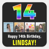14誕生日：レインボー「14」、写真カスタムと名前 スクエアシール (正面)