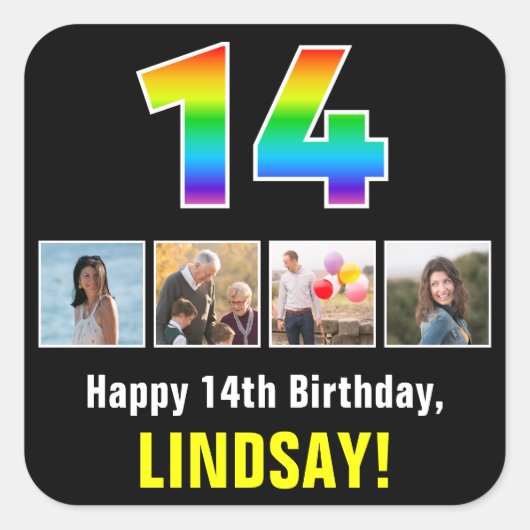 14誕生日：レインボー「14」、写真カスタムと名前 スクエアシール (正面)