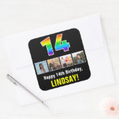 14誕生日：レインボー「14」、写真カスタムと名前 スクエアシール (封筒)