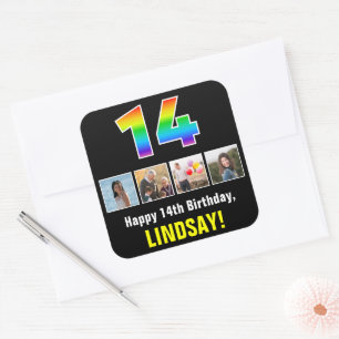 14誕生日：レインボー「14」、写真カスタムと名前 スクエアシール