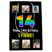 14誕生日:レインボー「14」、写真カスタムと名前 ミディアムペーパーバッグ (正面)