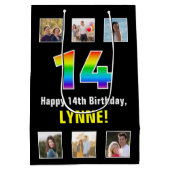 14誕生日：レインボー「14」、写真カスタムと名前 ミディアムペーパーバッグ (裏面)