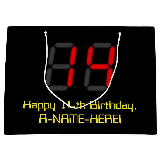 14誕生日:レッドデジタルクロックスタイル"14" +名前 ラージペーパーバッグ (正面)