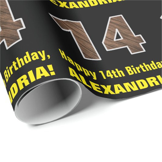 14誕生日:名前フェイク&木目パターン「14」 ラッピングペーパー (ロールコーナー)