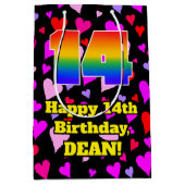14誕生日：愛するハートパターン、虹# 14 ミディアムペーパーバッグ (正面)