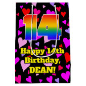 14誕生日：愛するハートパターン、虹# 14 ミディアムペーパーバッグ (裏面)