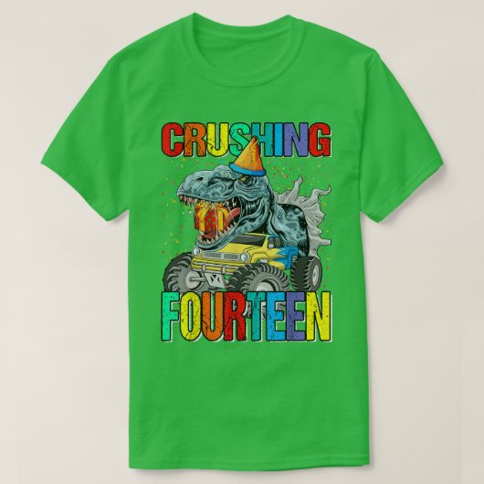 14頭の誕生日モンスタートラック恐竜を粉砕 Tシャツ (デザイン正面)